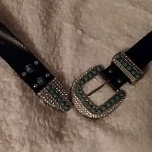 Turquiose/Faux Diamond Black Leather Belt